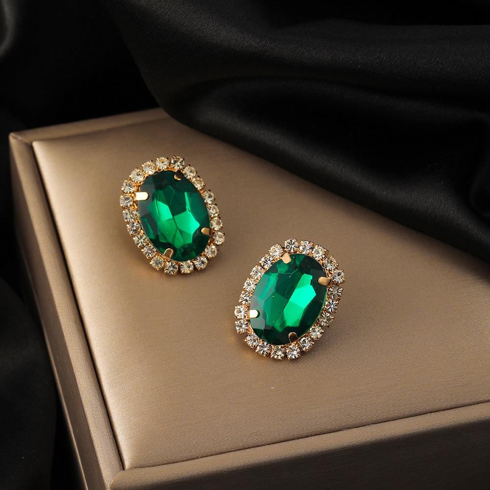 Simple green crystal flower stud earrings women's fashion French light luxury micro-inlaid zircon earrings versatile earrings