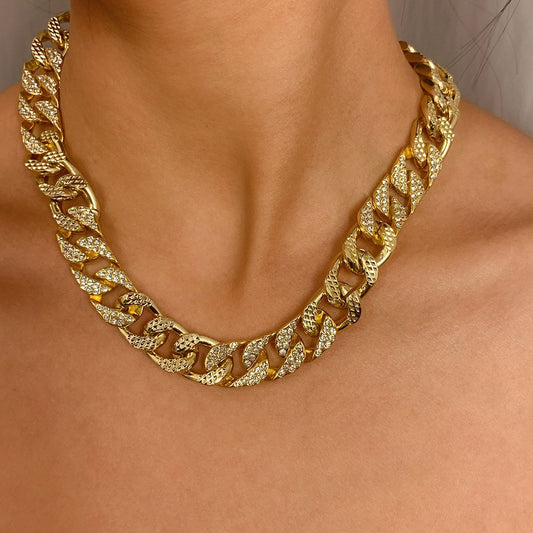 Jewelry hip-hop studded with diamonds Cuban buckle necklace women's trendy hemp surface printed chain collarbone necklace