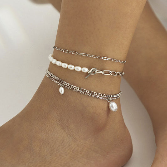 Jewelry niche imitation pearl chain anklet set women's beaded asymmetrical OT buckle hollow foot decoration