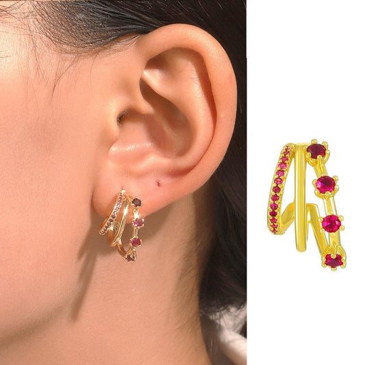 Explosive pink zircon earrings retro fashion niche design metal multi-layer C-shaped stud earrings temperament earrings