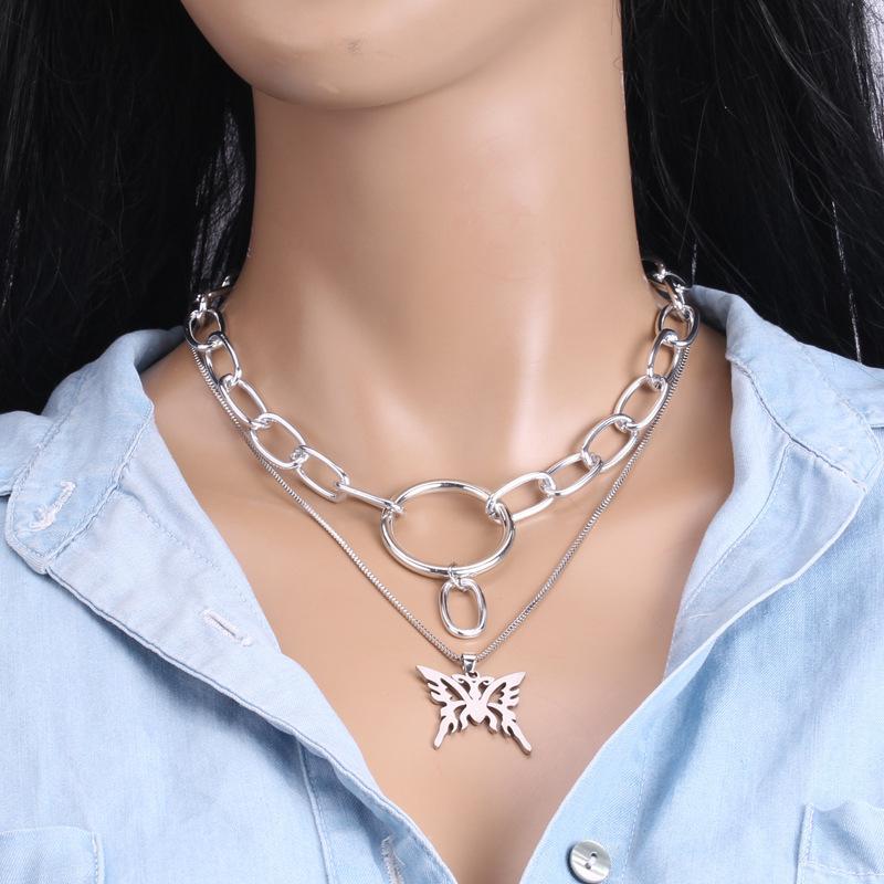 Street photography punk thick chain ring necklace personality indifferent retro stainless steel butterfly pendant necklace female