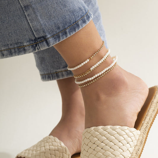 Niche design sense pearl rhinestone mosaic anklet set simple metal diamond chain foot decoration