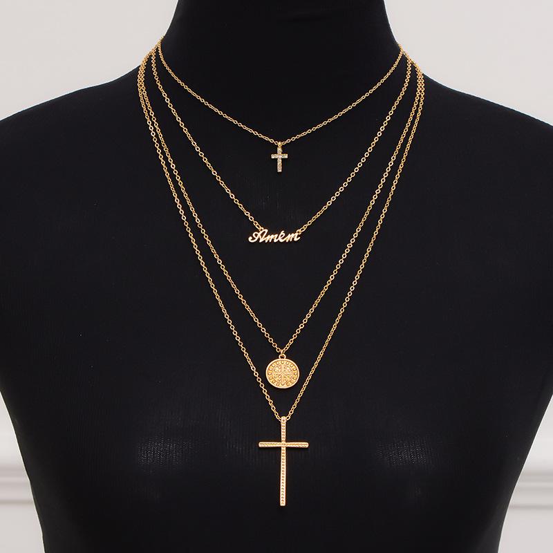 Fashion multi-layer geometric disc English diamond cross necklace jewelry