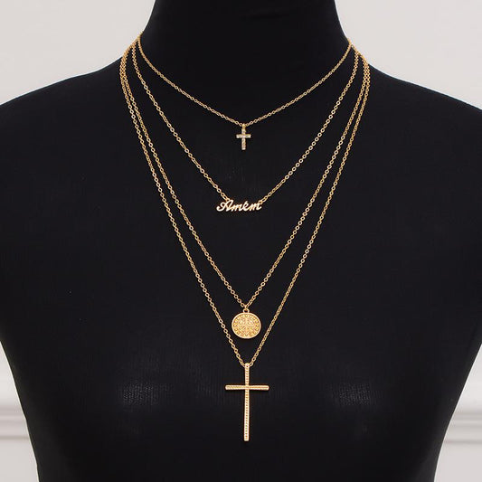 Fashion multi-layer geometric disc English diamond cross necklace jewelry