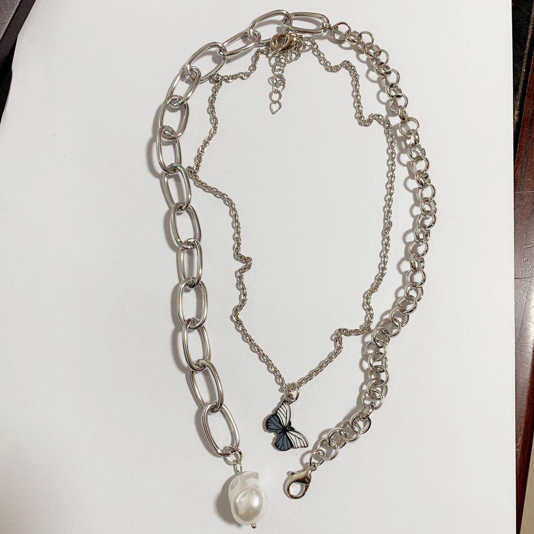 Jewelry Retro Colorful Butterfly Baroque Shaped Pearl Necklace Female Clavicle Chain Two-piece Set