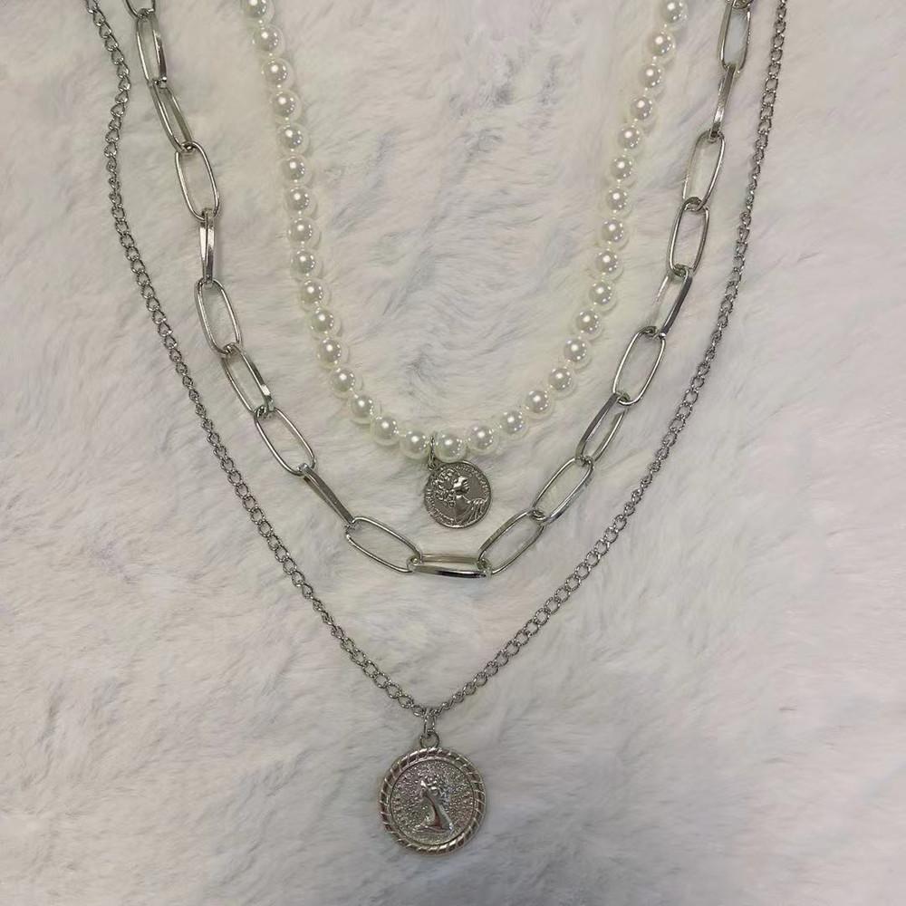 Elizabeth retro coin multi-layer necklace temperament all-match pearl embossed long sweater chain