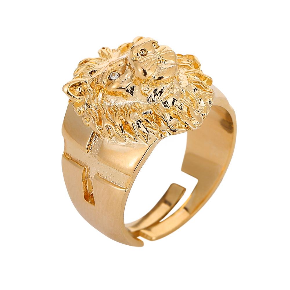 Domineering men's gold and silver lion head ring hip-hop open cross ring jewelry