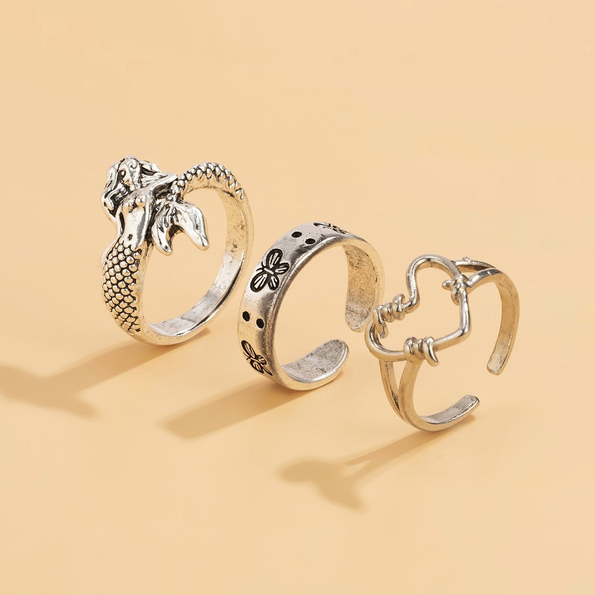 Retro Simple Mermaid Engraving Set Ring Personality Heart-shaped Opening Butterfly Ring Bracelet