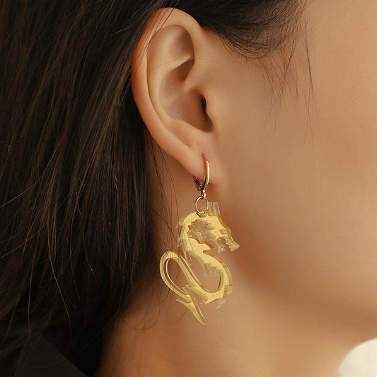 Jewelry hip-hop Chinese dragon earrings acrylic mirror exaggerated zodiac dragon trend earrings