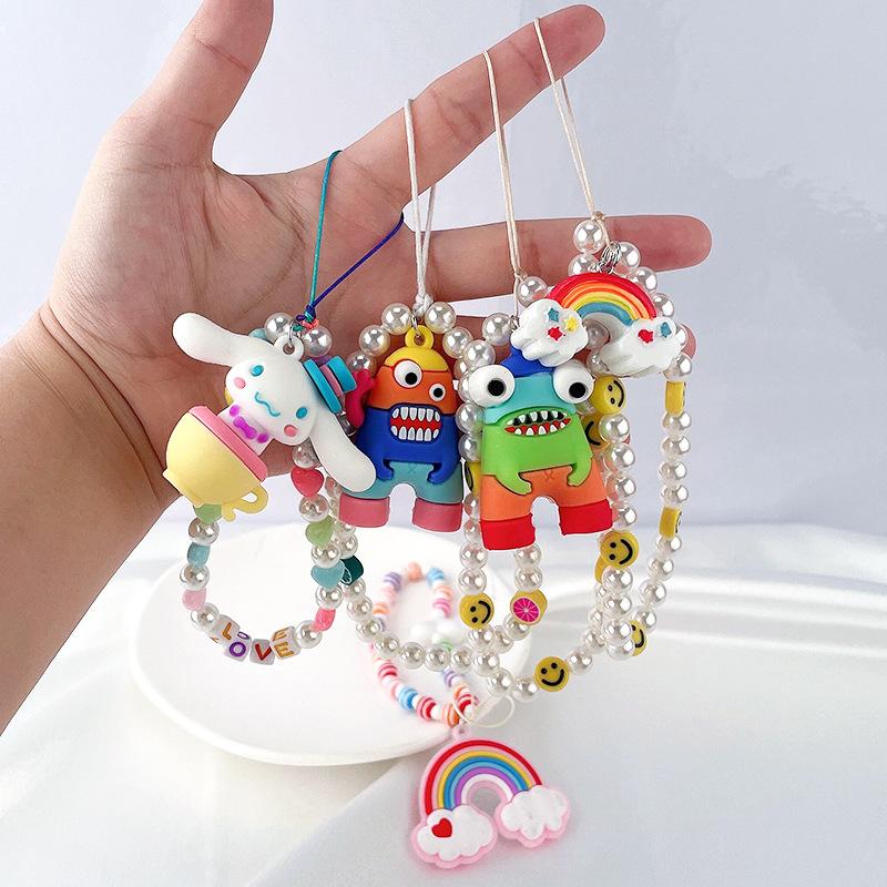 Simple monster rainbow non-slip bag chain cute cinnamon dog soft pottery mobile phone case anti-lost pendant pearl chain