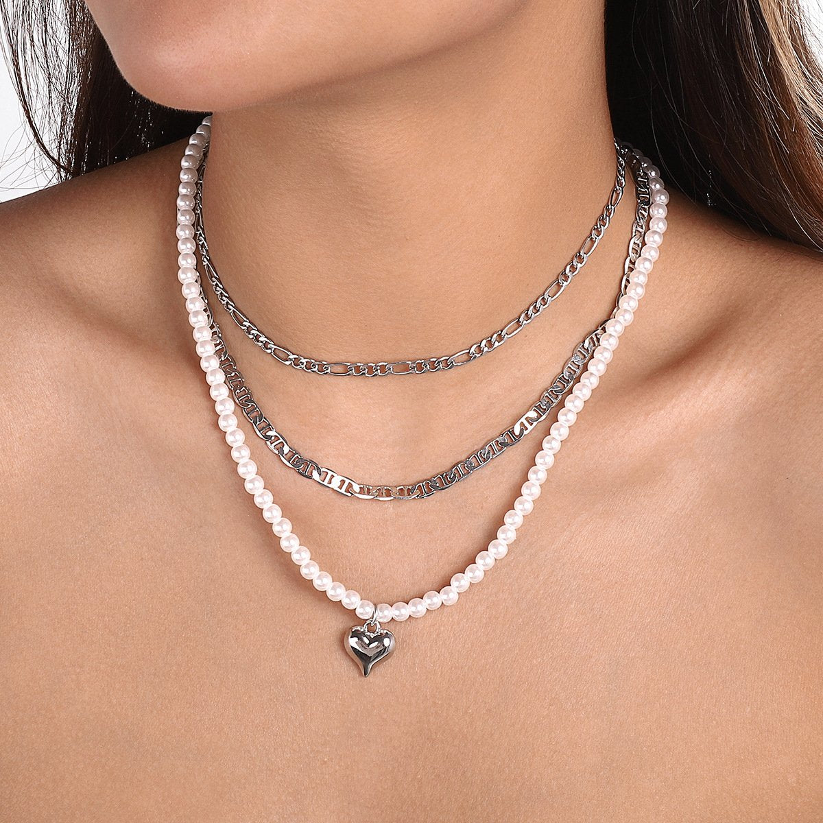 N1273 Street Shot Personality Necklace Pearl Heart Stacked Necklace Retro Small Fashion Necklace
