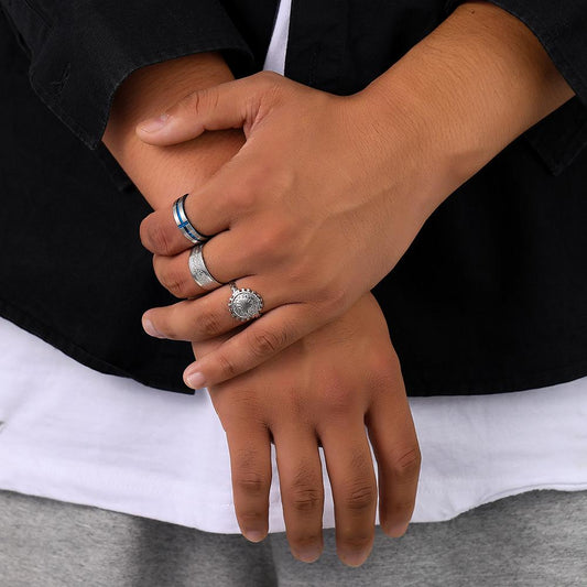 Punk hip-hop men's stainless steel stripe sun texture round suit ring titanium steel ring open ring