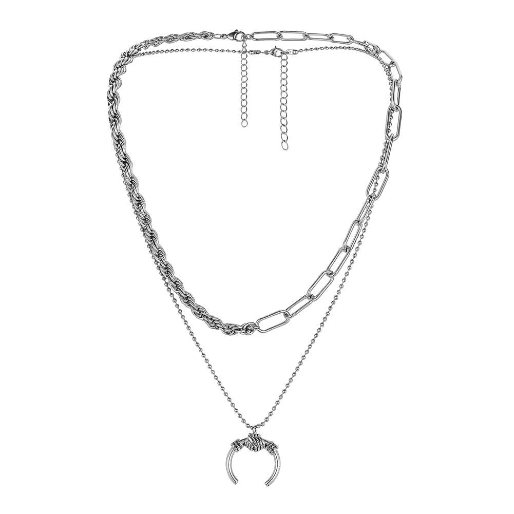 Fashion cold stainless steel double horn moon pendant simple personality titanium steel necklace collarbone chain men