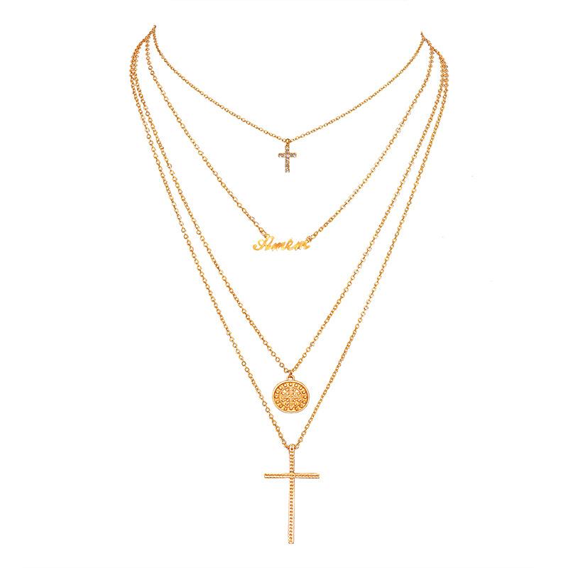 Fashion multi-layer geometric disc English diamond cross necklace jewelry