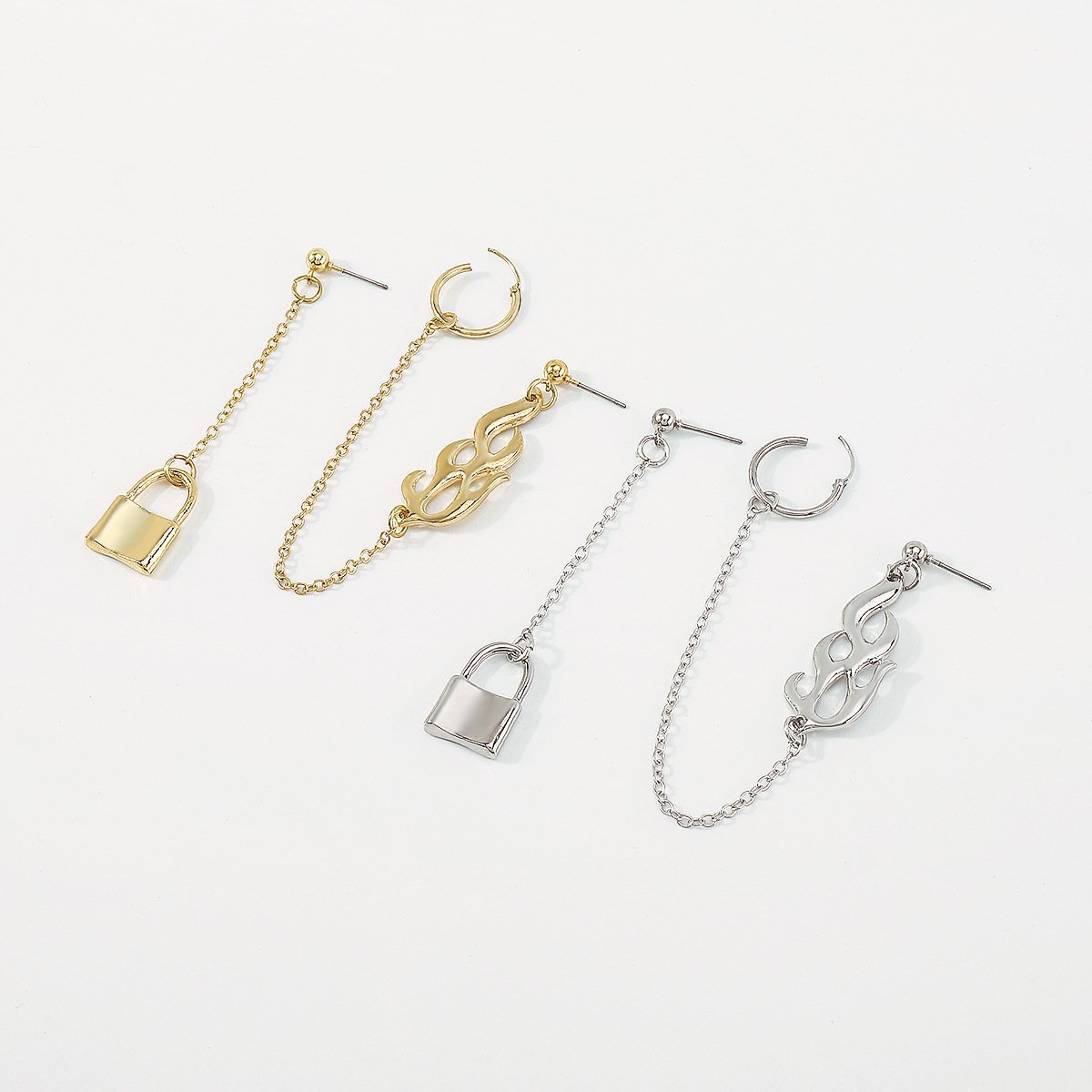 E1431 Light Luxury Geometric Asymmetrical Earrings Long Chain Lock Flame Element Sweet Cool Earrings For Women