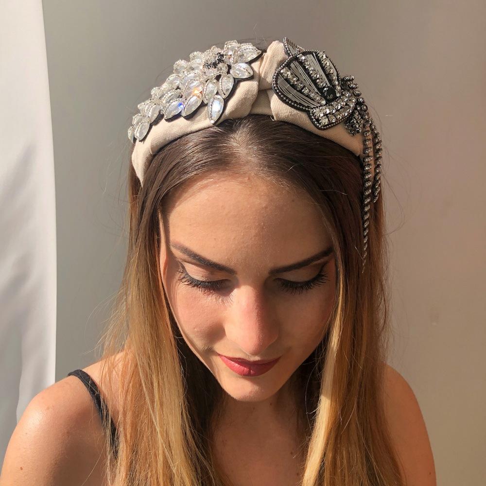 F3137 Retro wide-brimmed fabric rice bead hair ornament style personality Baroque palace diamond headband female