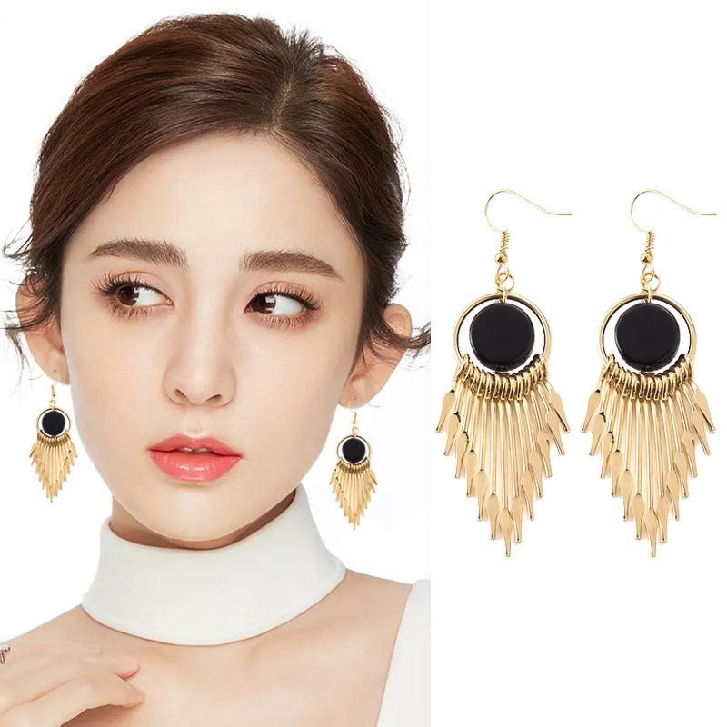 Tassel Geometric Earrings Temperament Net Red Long Round Earrings Elegant Retro Goddess Earrings