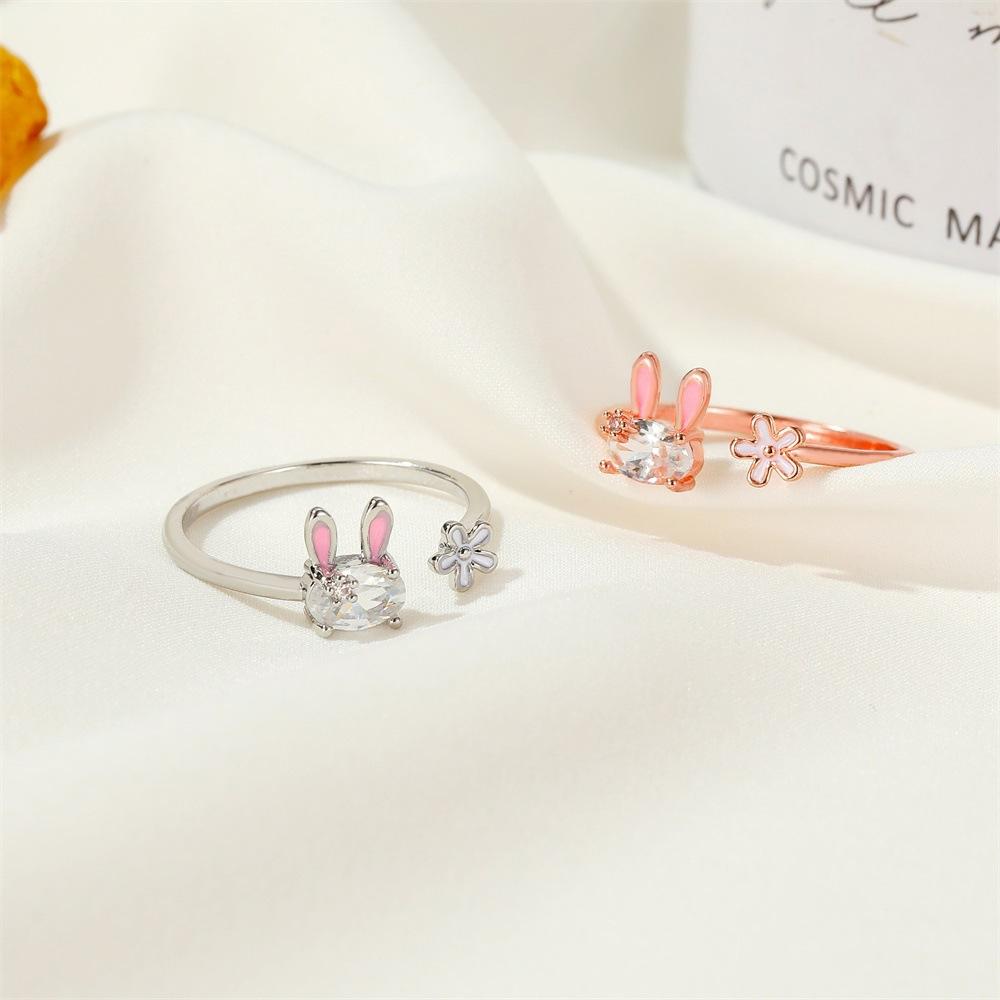 Cute little rabbit ring sweet girl heart flower index finger ring women's ins net red open ring