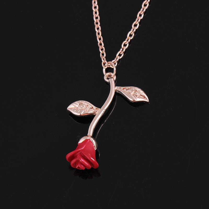 Red Rose Pendant Necklace Female Cute Plant Flower Clavicle Chain Jewelry
