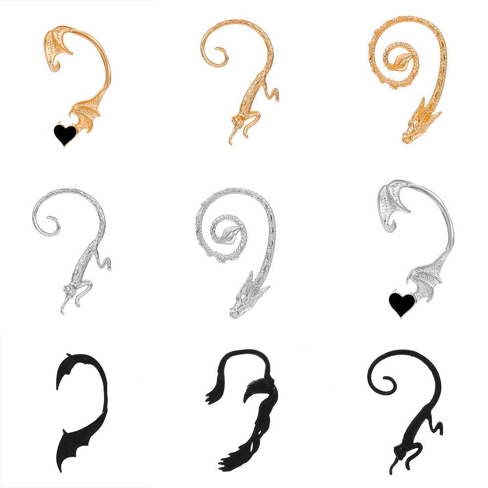 Retro punk elf flying dragon ear hanging single creative metal cat bat without hole ear bone clip