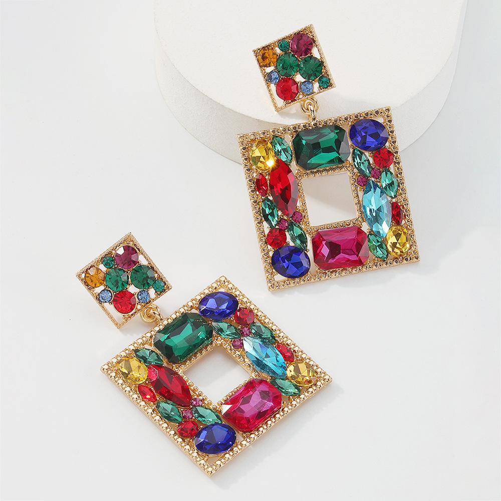 E9894 Fashion Colored Diamond Square Earrings Personality Glass Diamond Earrings Geometric Hollow Retro Earrings Women