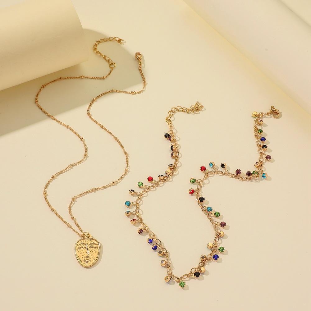 Jewelry Bohemian Creative Handmade Diamond Necklace Personality Metal Face Double Layer Necklace