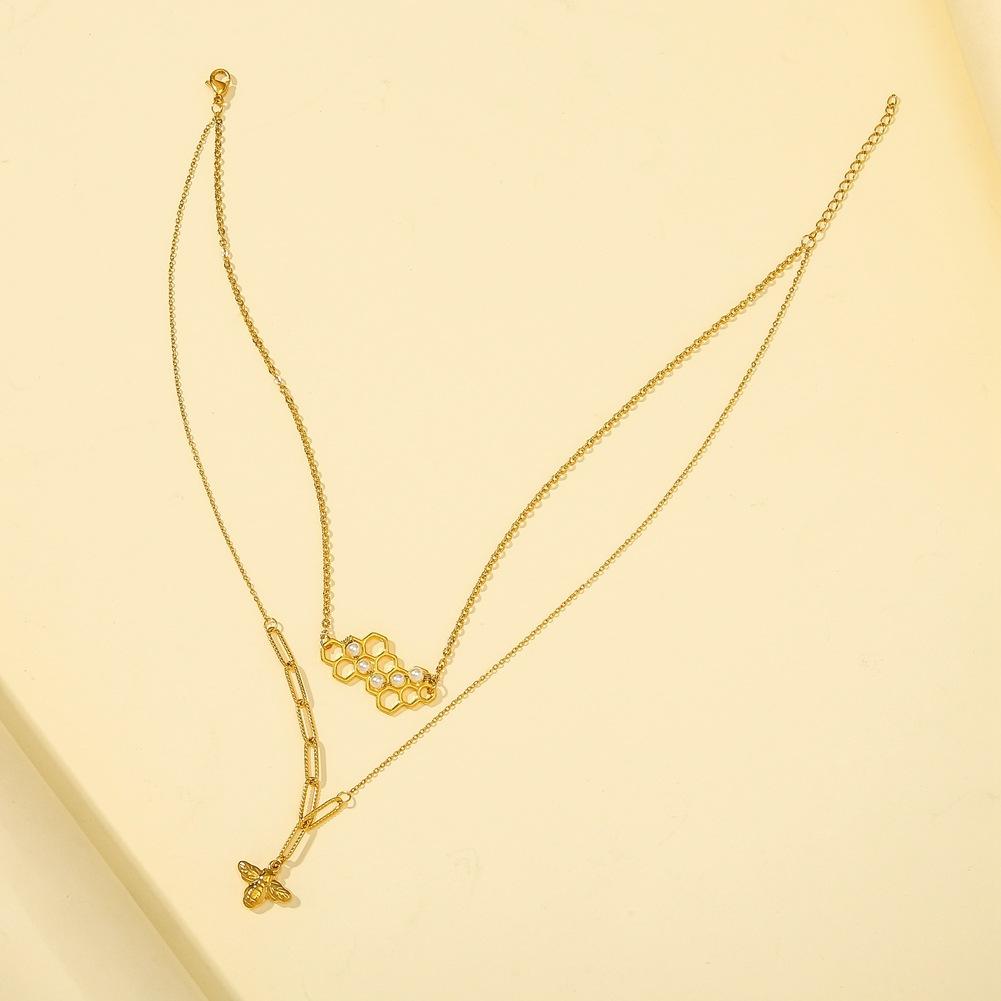 Stainless Steel Double Layer Necklace Honeycomb Bee Pearl Pendant Temperament Simple Multilayer Clavicle Chain Titanium Steel Accessories