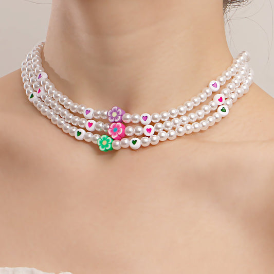 Jewelry ins soft pottery flower color love imitation pearl necklace female niche design light luxury