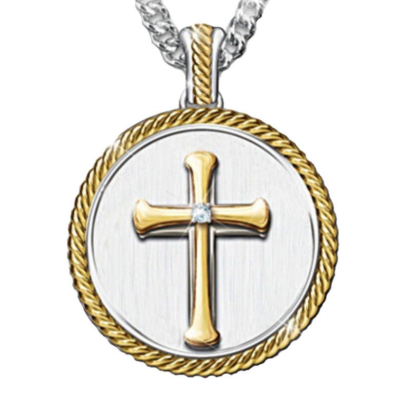 Cross Pendant Necklace Religious Belief Round Tag Necklace Men's Fashion Personality Jewelry Gift