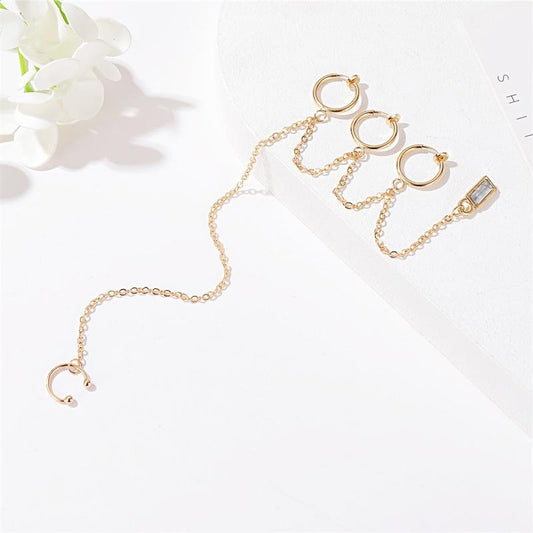 Fashionable multi-layer chain tassel ear clip personality long zircon earrings street style single ear bone clip for men and women