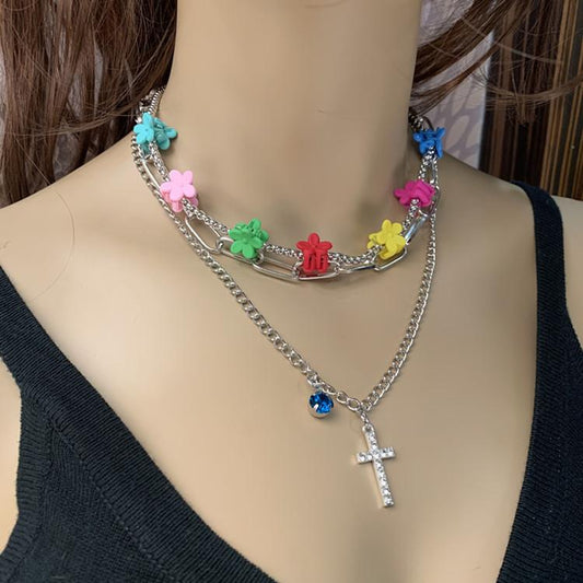 Love Heart Pendant Colorful Flower Multi-Hairpin Clavicle Chain Blue Diamond Multi-Layered Personality Internet Celebrity Necklace