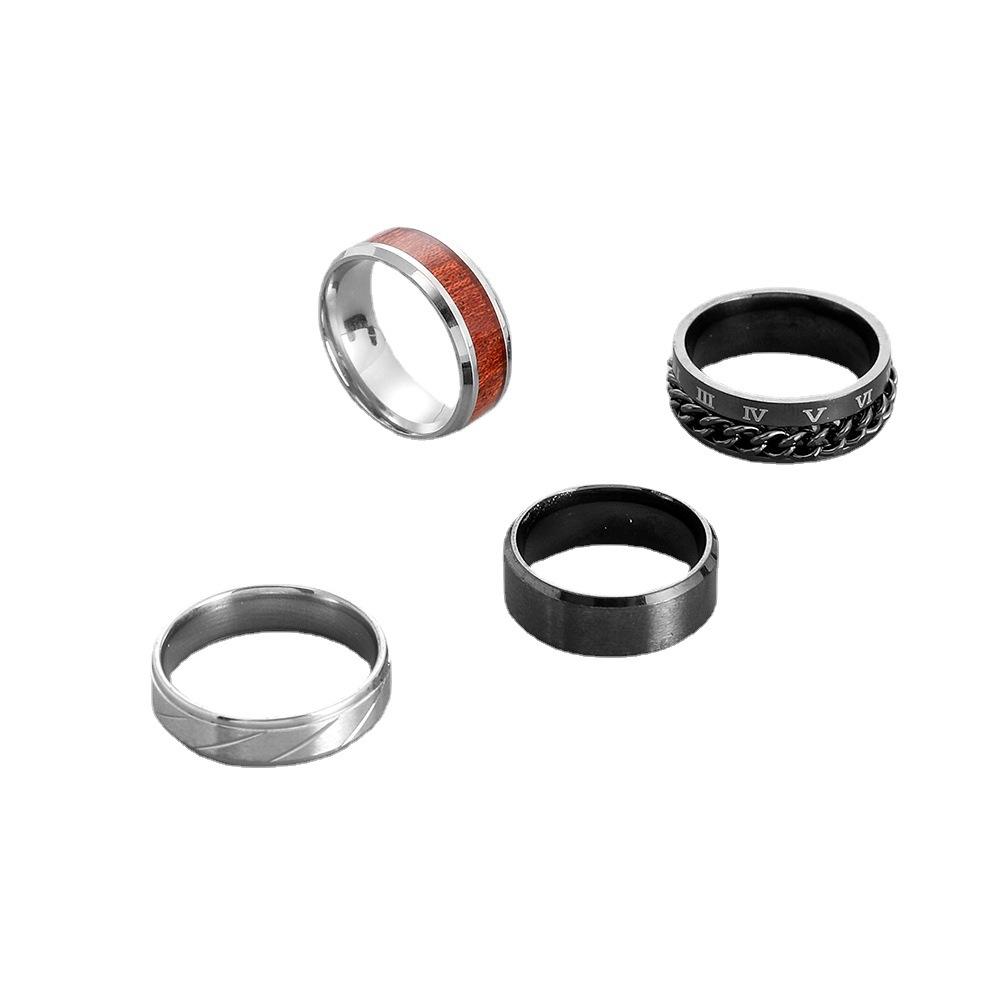 Simple Men's Stainless Steel Wood Grain Chain Roman Numeral Set Ring Can Be Used as a Bottle Opener Fashion Personality