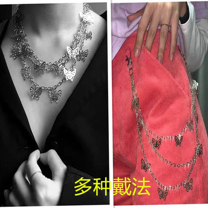 Butterfly pants chain girl jeans with multi-layer necklace chain bouncing disco cool girl necklace