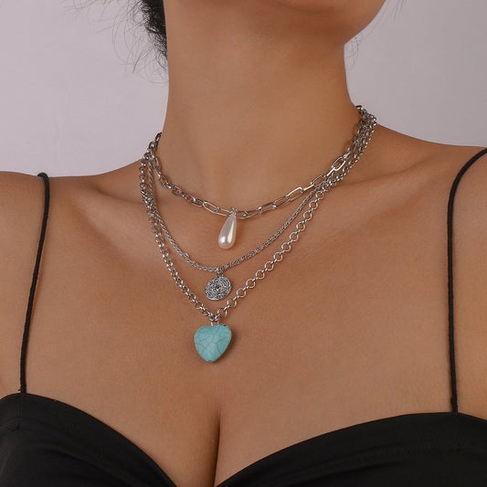 N1189 Multilayer Necklace Turquoise Exaggerated Punk Necklace Retro Personality Fashion Necklace