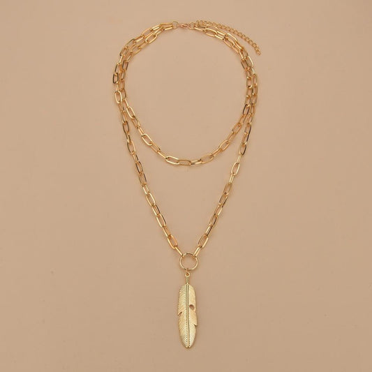 Jewelry Gold Chain Alloy Leaf Iron Circle Pendant Double Layer Necklace