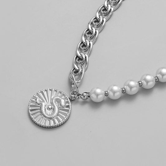 Punk Hip-hop Men's Stainless Steel Stitching Pearl Necklace Coin Snake Pendant Versatile Fashion Necklace