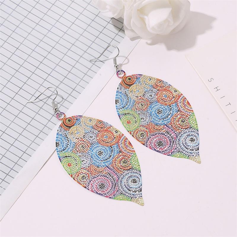 Creative color hollow leaf earrings bohemian ethnic exaggerated printing leaf earrings