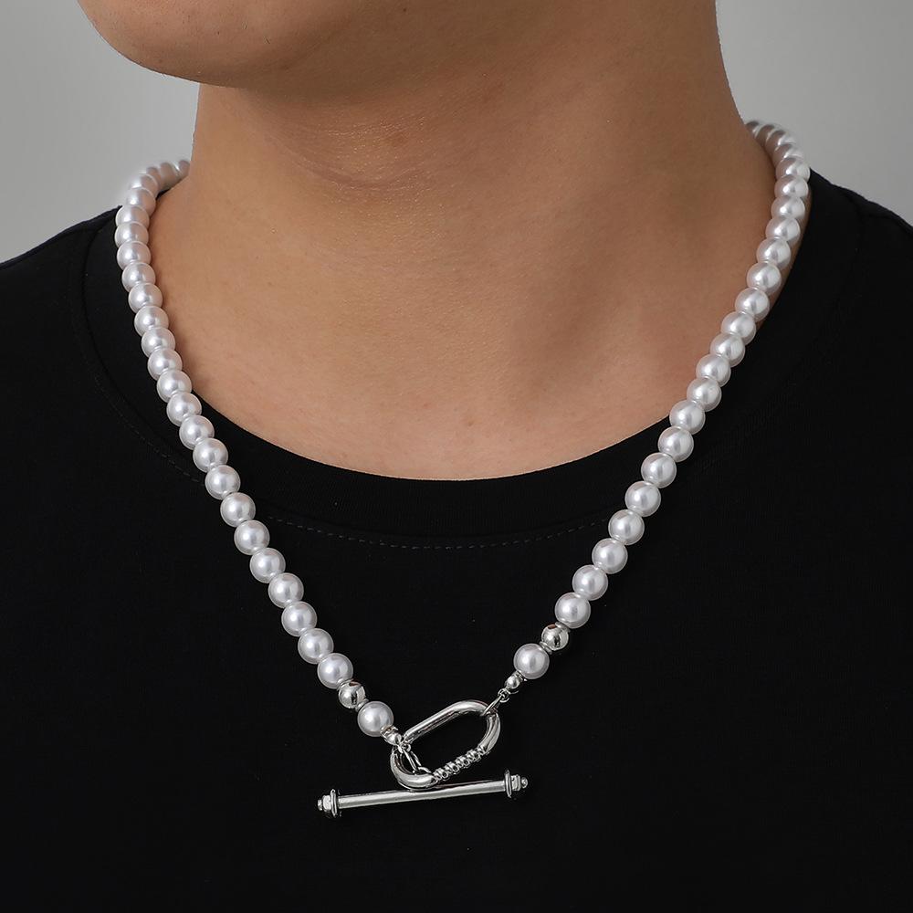 The same trendy men's pearl necklace cold O-shaped lock clavicle chain simple temperament chain