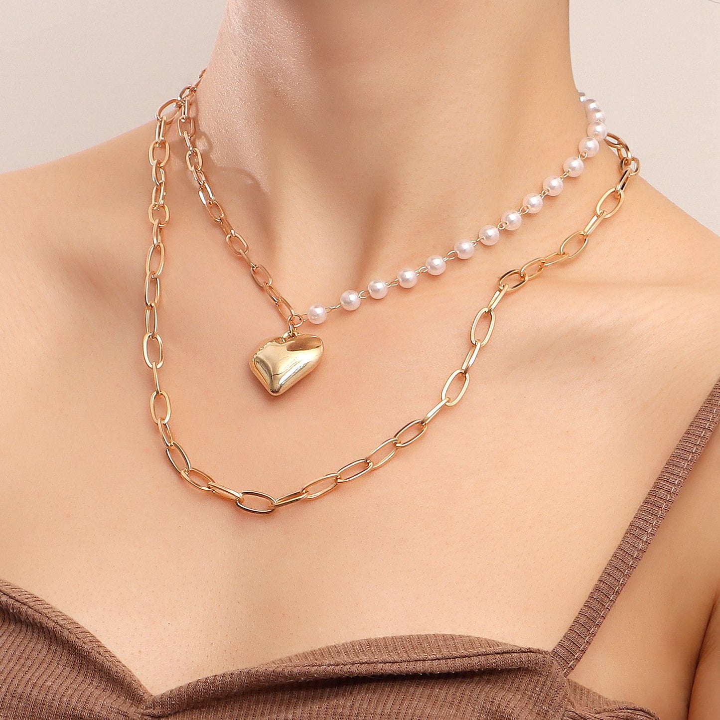 Jewelry punk double-layer geometric big heart pendant imitation pearl necklace female ins all-match necklace