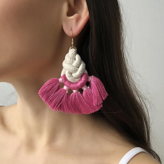 E954 Bohemia Rope Braided Tassel Earrings Creative Personality Ethnic Braided Stud Earrings