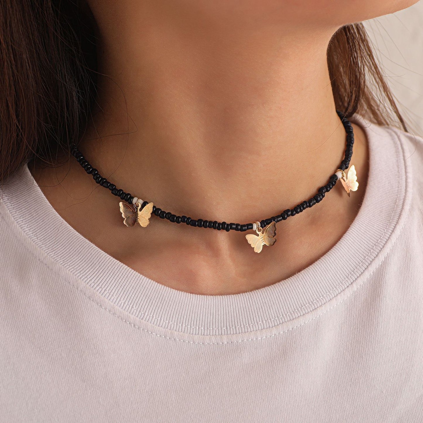Jewelry Fashion Geometric Alloy Butterfly Choker Necklace Ladies Solid Color Rice Beads Customizable Necklace