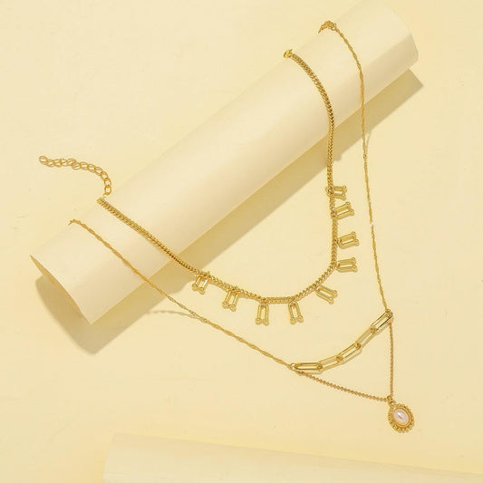 Fashion multi-layer U-shaped horseshoe tassel necklace personality oval pearl pendant clavicle chain jewelry female