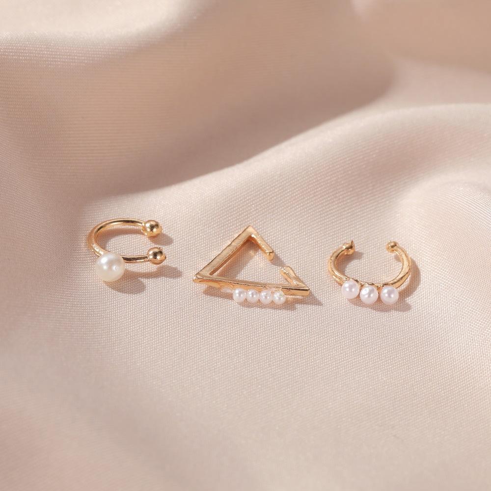 Temperament three-piece ear clip hollow geometric pearl earrings earrings ear bone clip cold earrings
