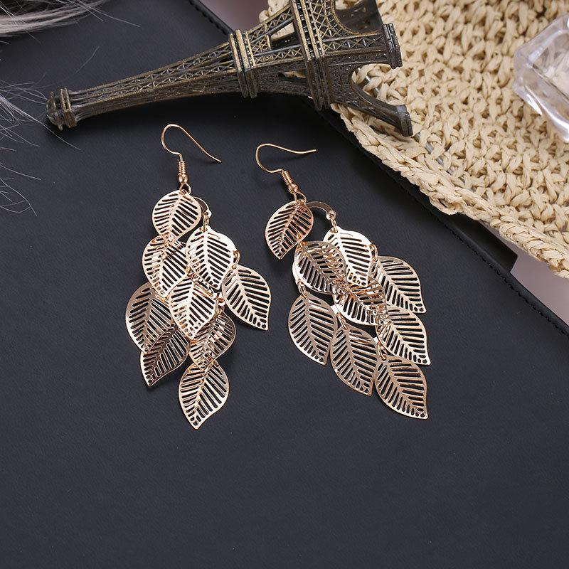 Fashion OL simple gold and silver multi-layer hollow leaf earrings long leaf earrings