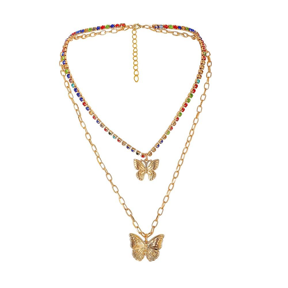 Jewelry Fashion Double Color Diamond Butterfly Necklace Ins Simple Design Temperament Versatile Clavicle Necklace