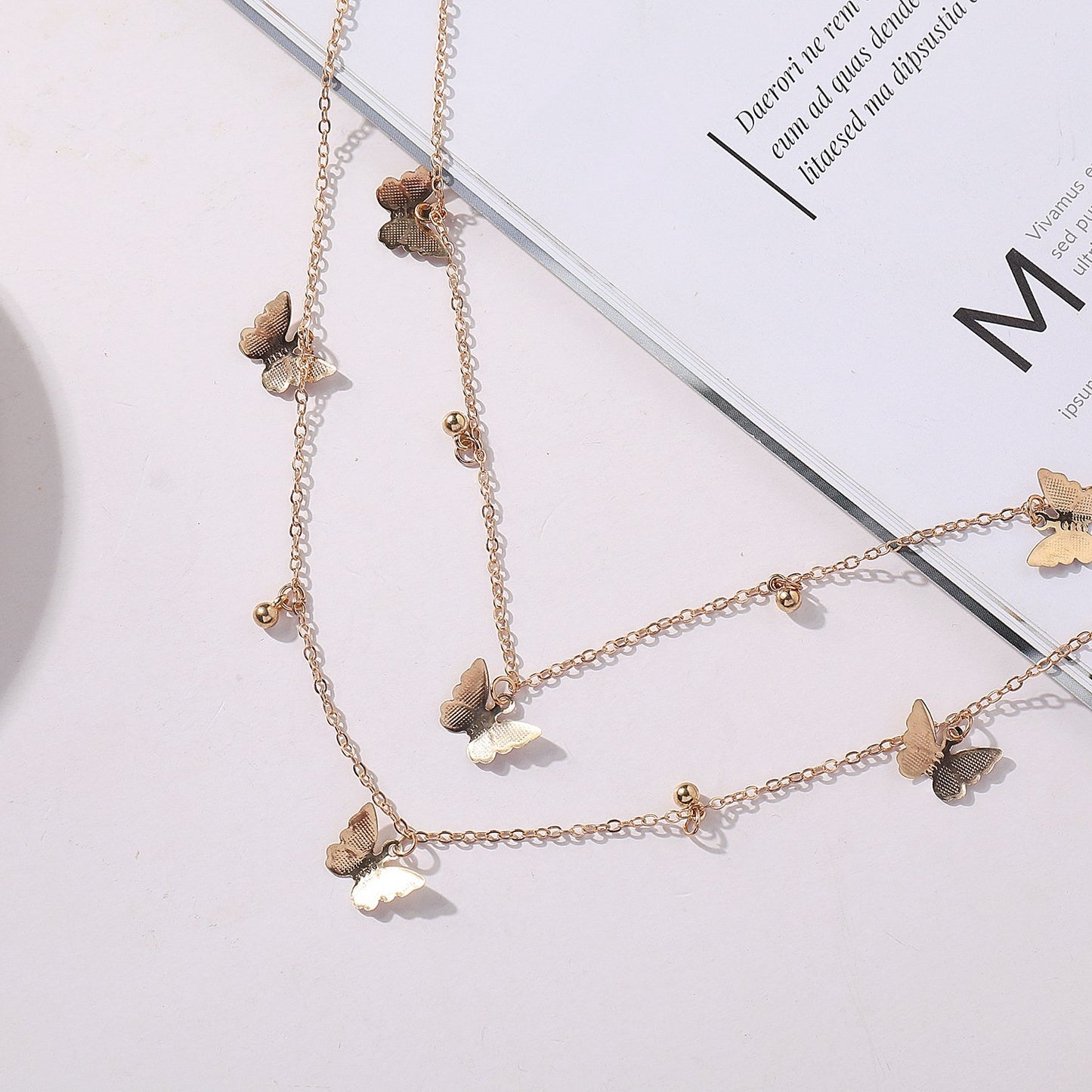Jewelry Fashion Geometric Butterfly Pendant Necklace Female Simple Copper Bead Pendant Multilayer Necklace