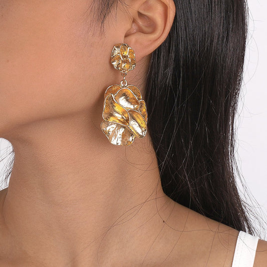 E1847 Metal Exaggerated Heavy Industry Earrings Geometric Irregular Leaves Retro Simple Personality Earrings