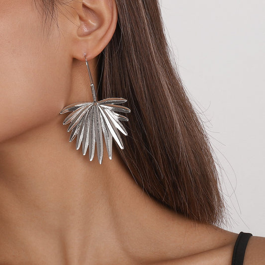 E1936 Jewelry Metal Palm Leaf Fold Earrings ZA Exaggerated Retro Heavy Industry Earrings Female