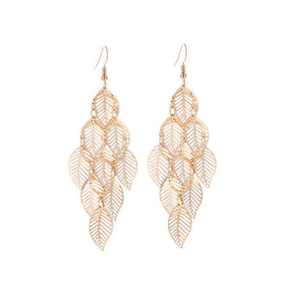 Fashion OL simple gold and silver multi-layer hollow leaf earrings long leaf earrings