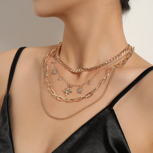 Jewelry Fashion Geometric Diamond Starburst Pendant Necklace Femininity Luxury Multilayer Rhinestone Necklace